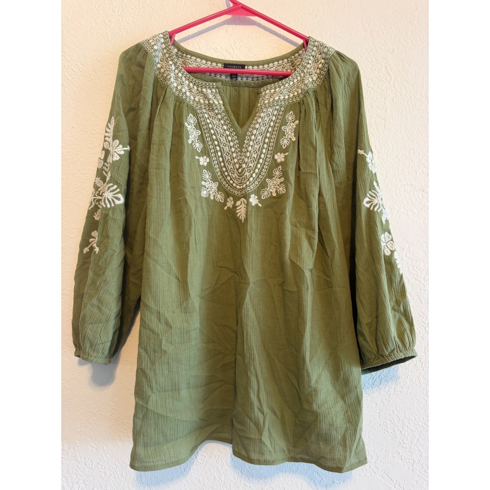 Talbots Olive Green Embroidered Cotton Gauze Peasant Blouse XL Boho V-Neck Top